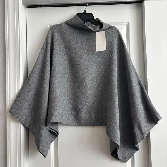 NWT ZARA MANTECO Wool Blend Oversized Cape Grey High Neck Poncho Coat Wrap M - Picture 2 of 12
